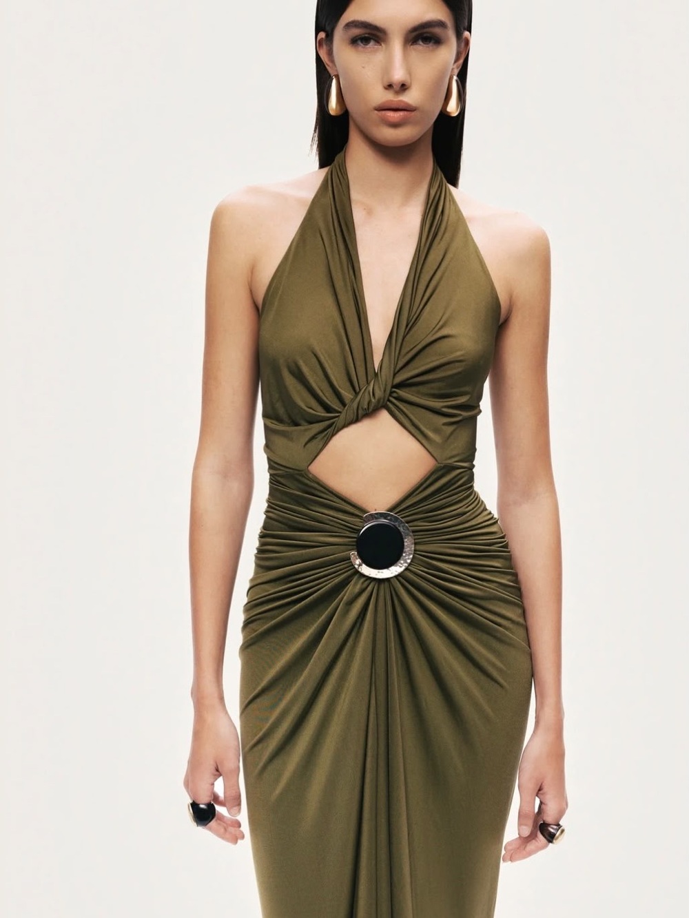 Olive One-Shoulder Halter Twist Maxi Dress with Decorative Ring